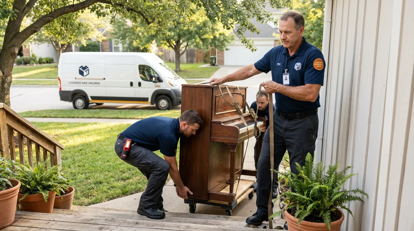 Licensed piano movers securing grand piano in Marlborough, NH