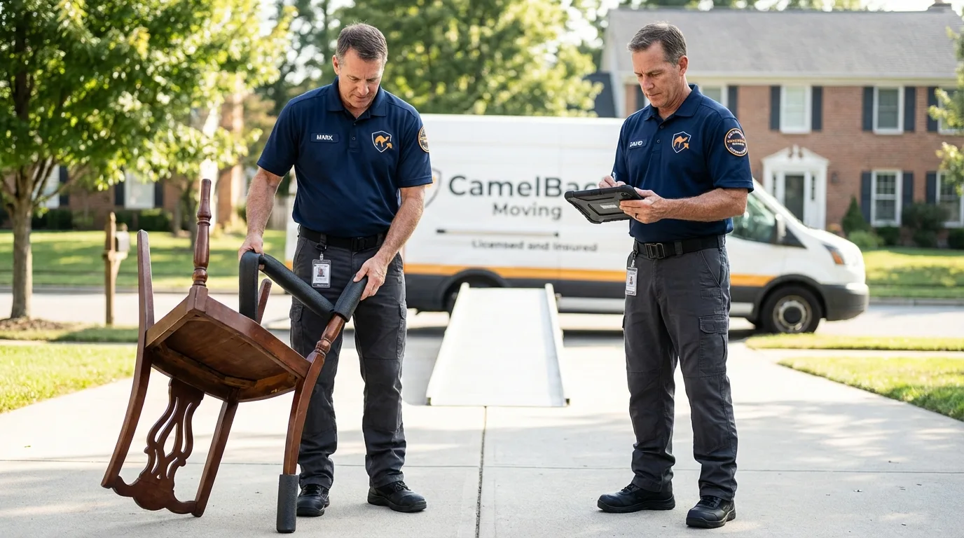 Movers inspecting furniture for damage prevention before loading in Marlborough, NH