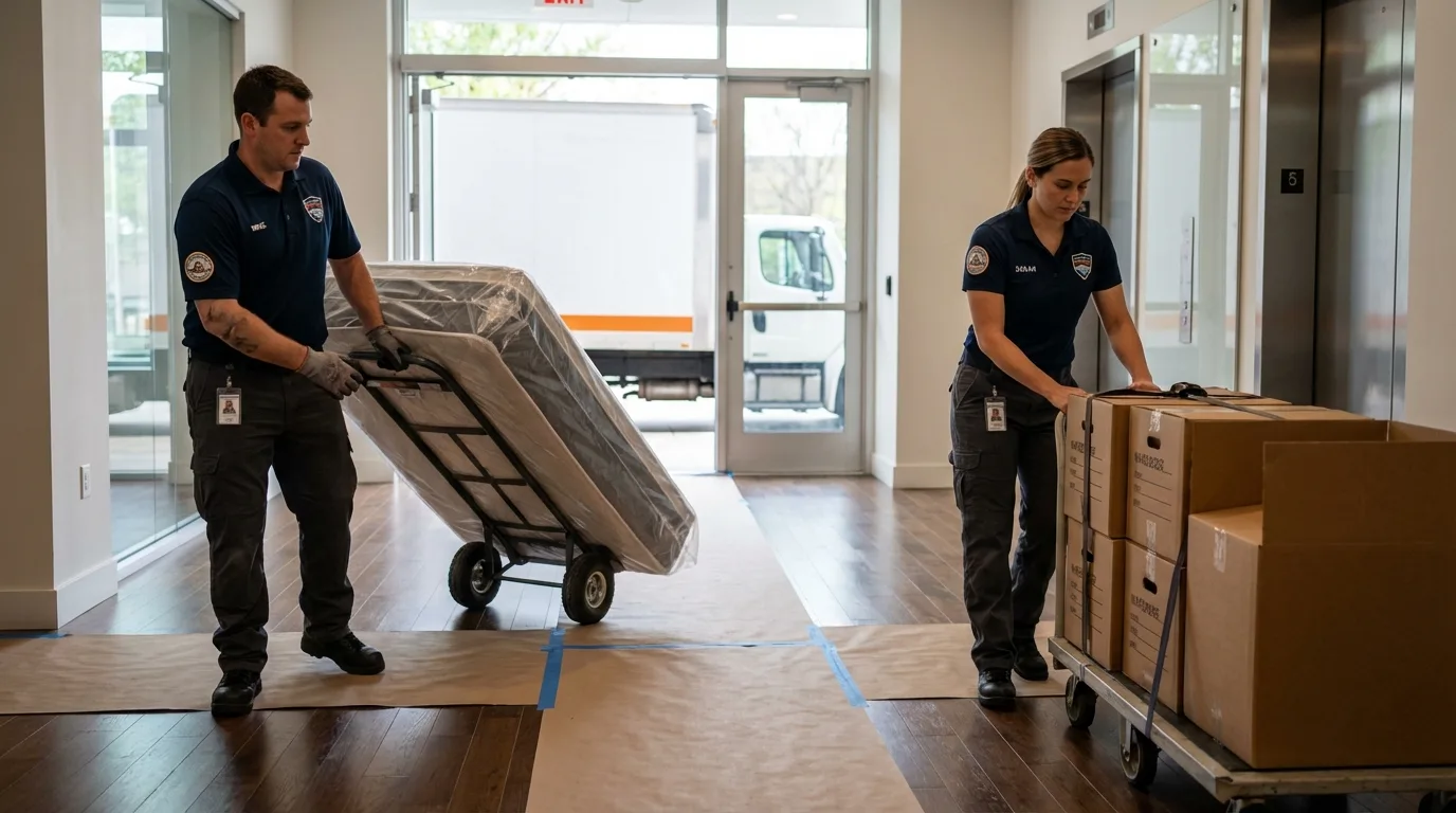 Professional apartment movers loading elevator in Marlborough, NH