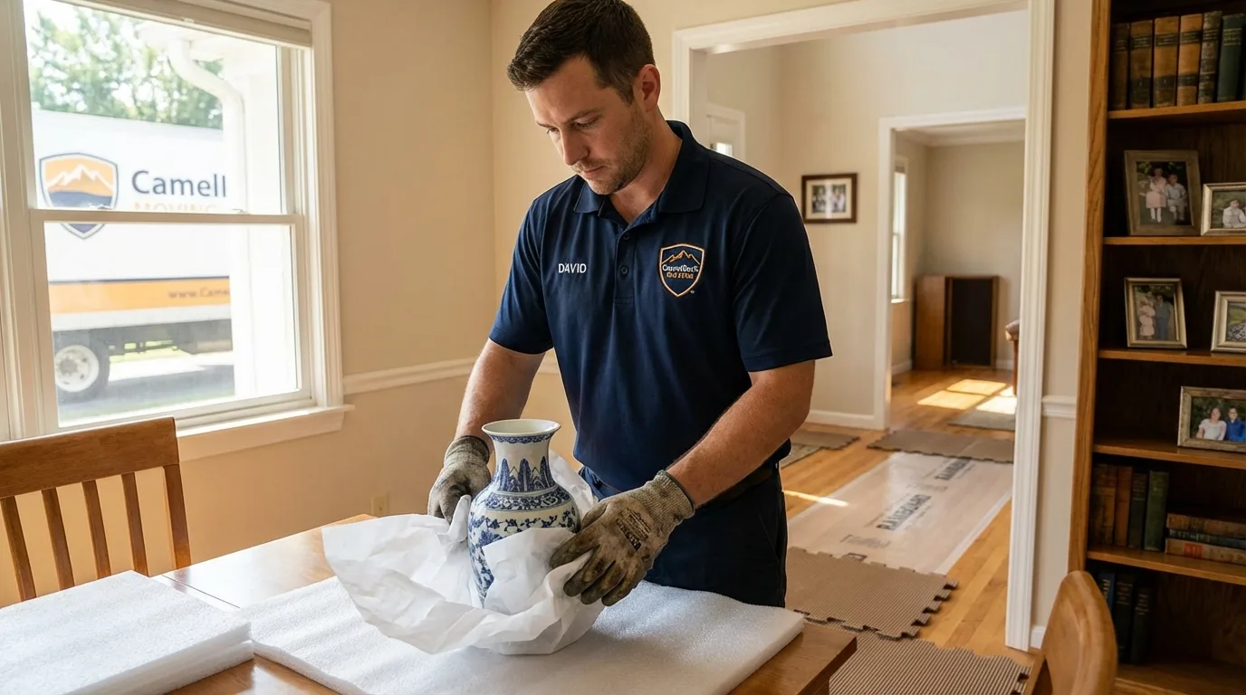 Professional crew carefully wrapping antique vase for senior downsizing move in Marlborough, NH